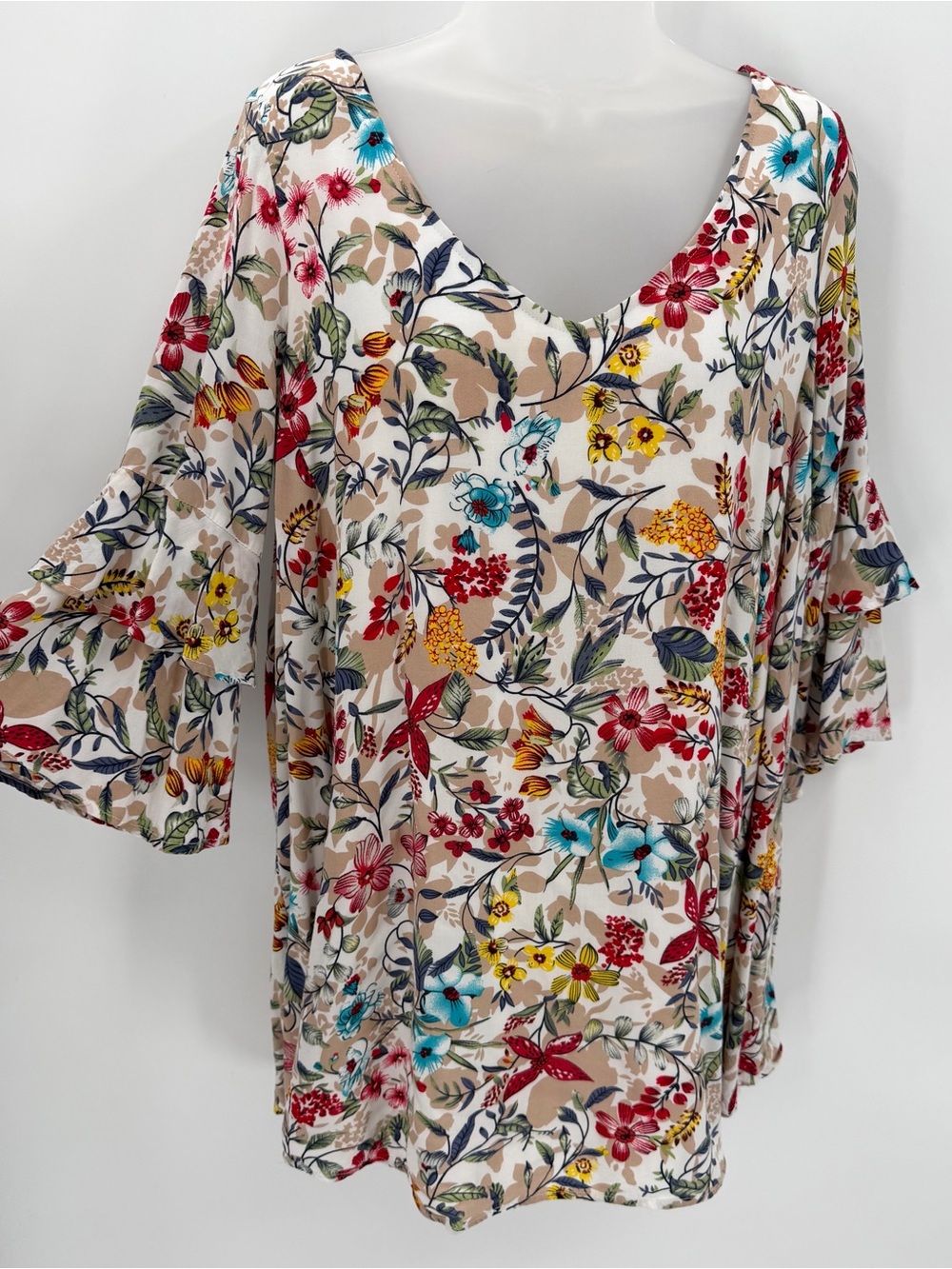 Entro Dress Womens S Floral Tunic Minidress Rayon Ruffle 3/4 Sleeve Cutout Boho
